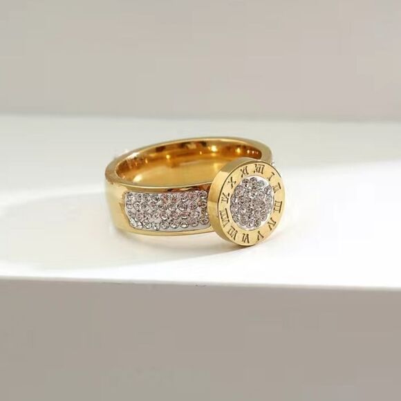 Stainless Steel 14K Gold Plated Numerals Inlaid Lab Diamond Luxury Ring Size 7 - Picture 6 of 15